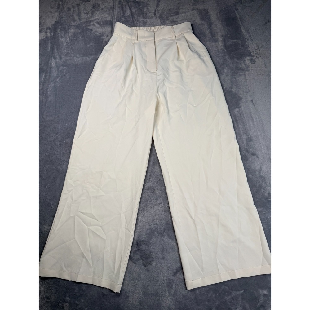 FUNYYZO Wide Leg Pants Womens Small Cream Elastic Waistband Ankle Pleated Front